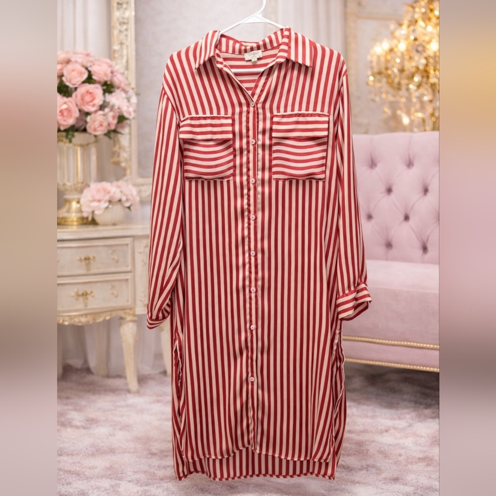 Umgee Red and White Striped Maxi Shirt Dress